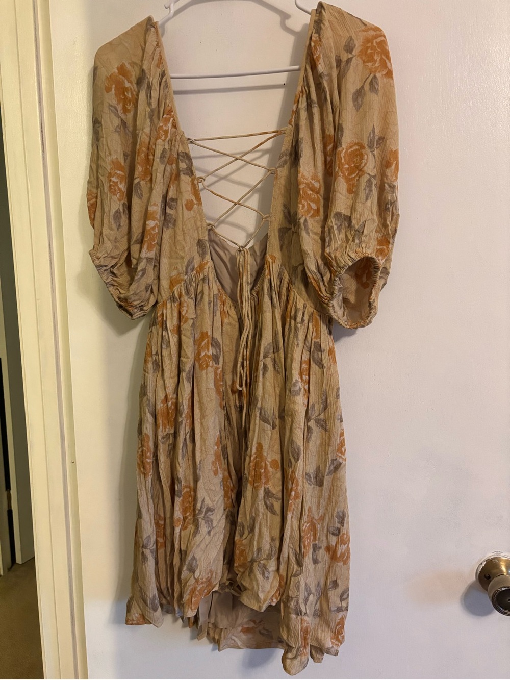 By Together Beige Floral Lace-Up Puff Sleeve Mini Dress